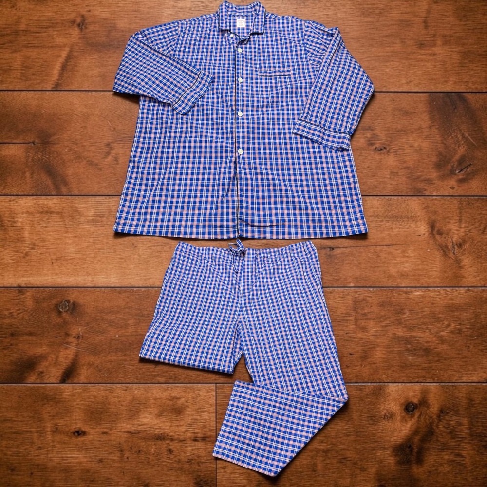 Brooks Brothers Mens XXL Blue Red Plaid Cotton Pajama Set Button Down Sleepwear